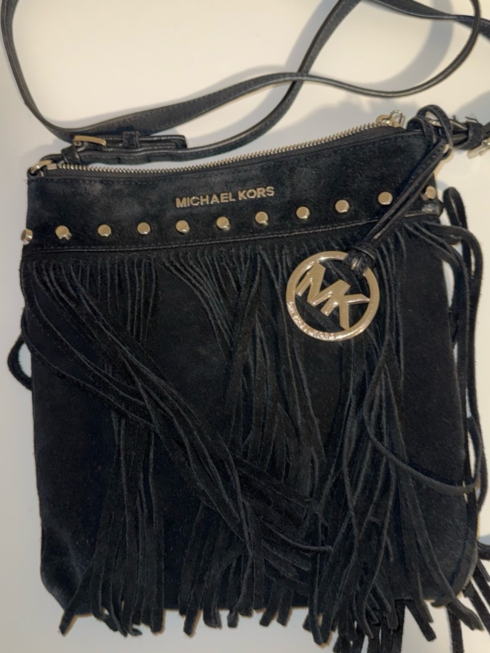 Michael Kors Black Suede Fringe Crossbody with Gold Hardware